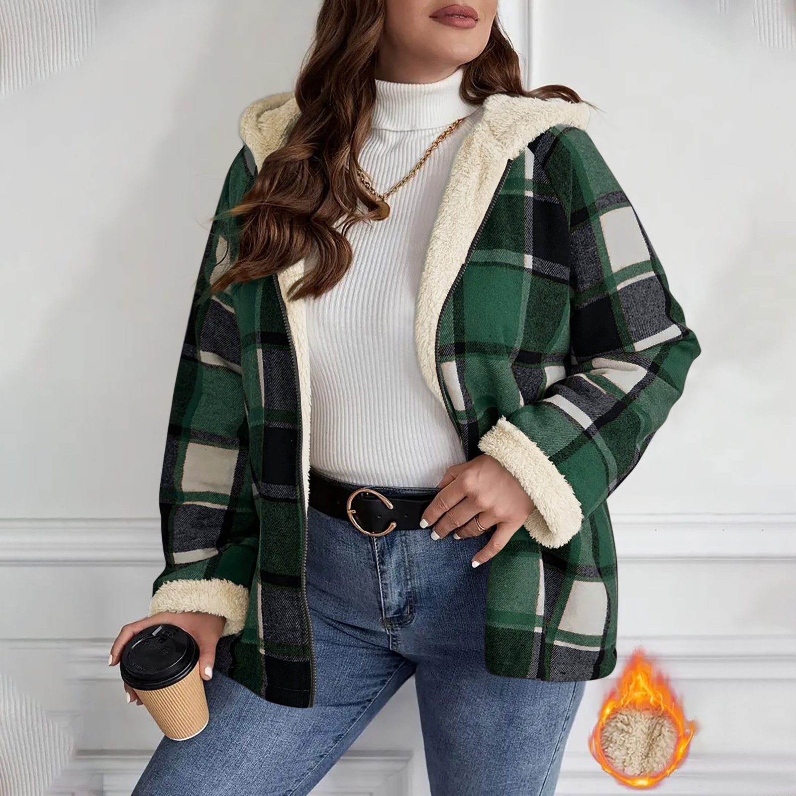 Manteau carreauté doublé polaire capuchon