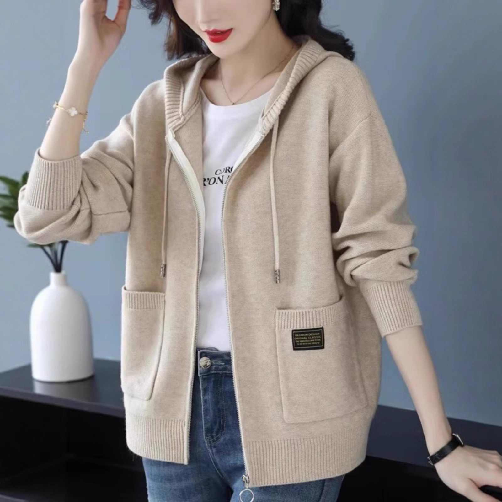 Cardigan tricot capuche femme ample fermeture éclair