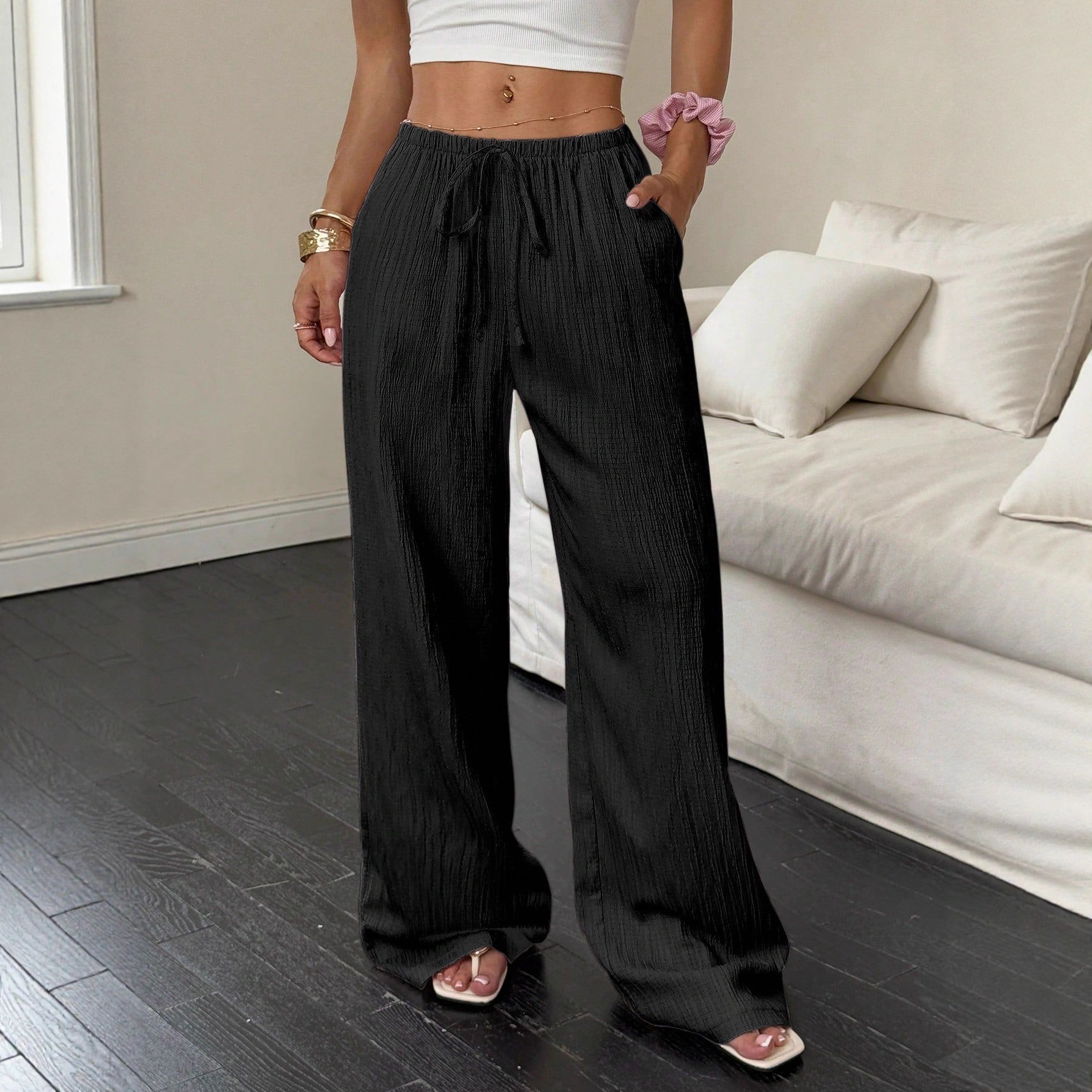 Pantalon femme casual lacé taille marquée assortissable