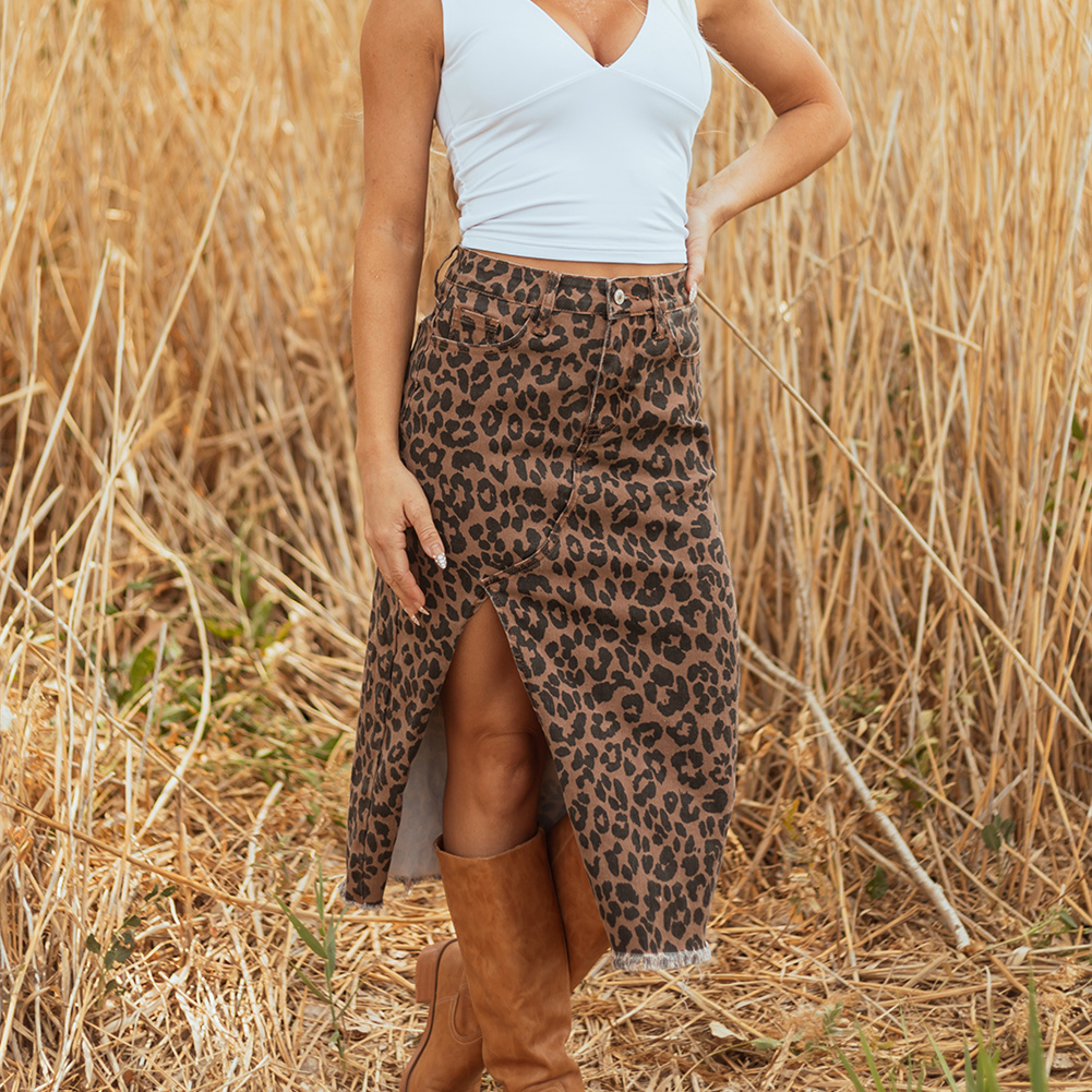 Jupe denim léopard taille haute fente femme