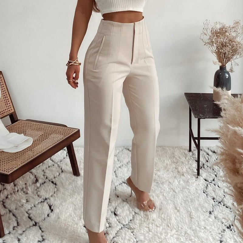 Pantalon casual taille haute couleur unie slim-fit avec plis
