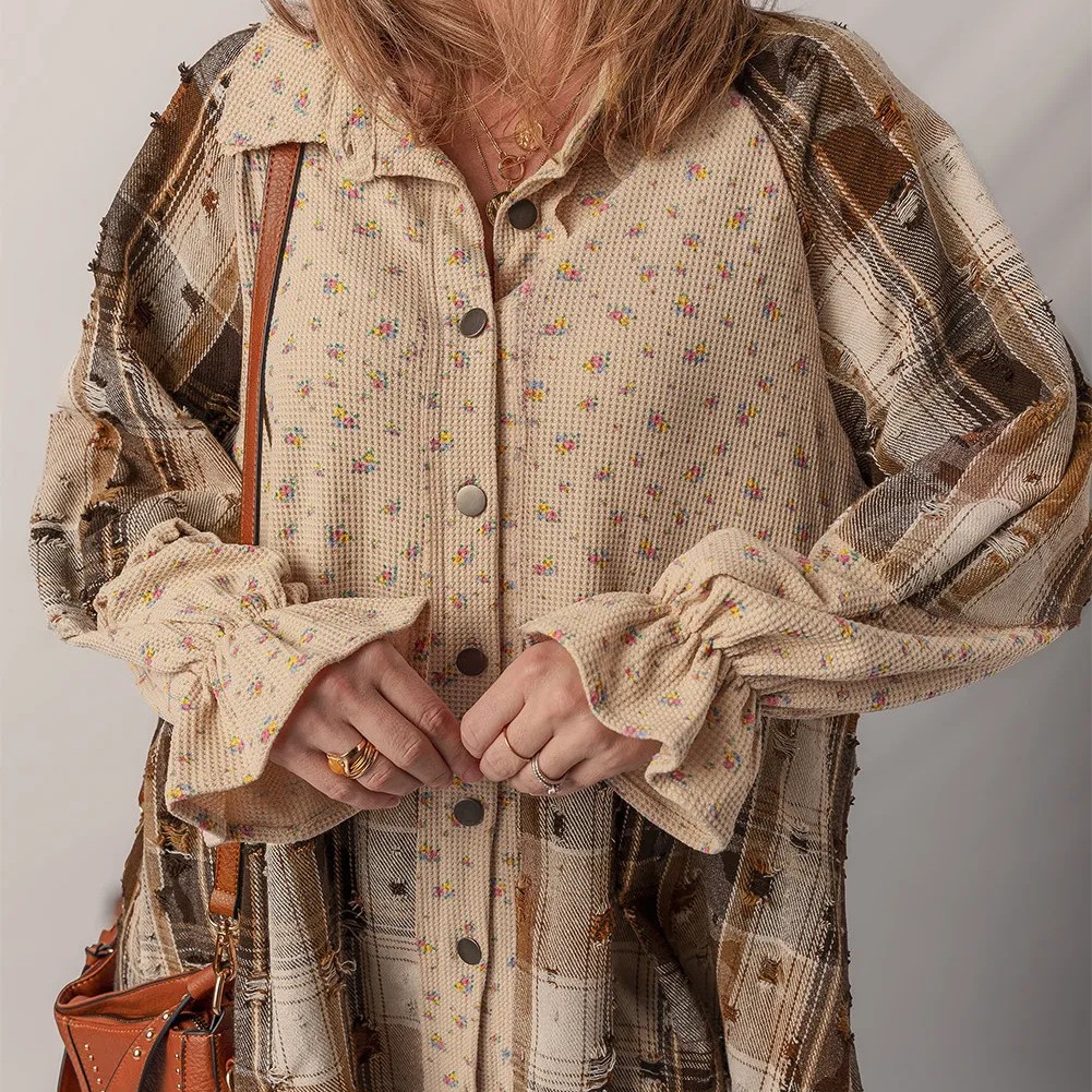 Chemise Bohémienne Florale Carreaux Beige