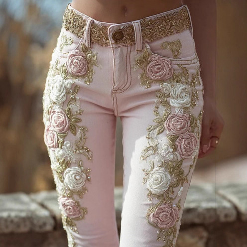 Pantalon casual rétro broderie print