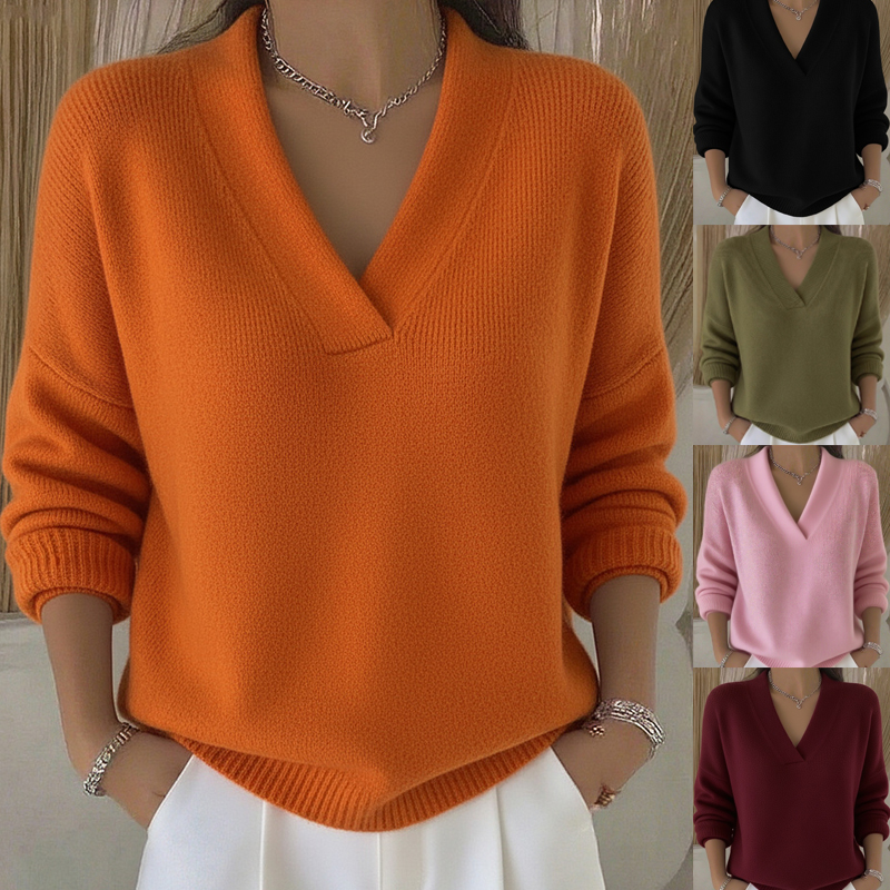 Chandail tricot ample doux col V manches longues automne hiver