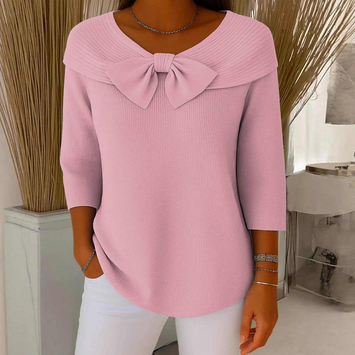 Pull couleur unie nœud tricot automne-hiver
