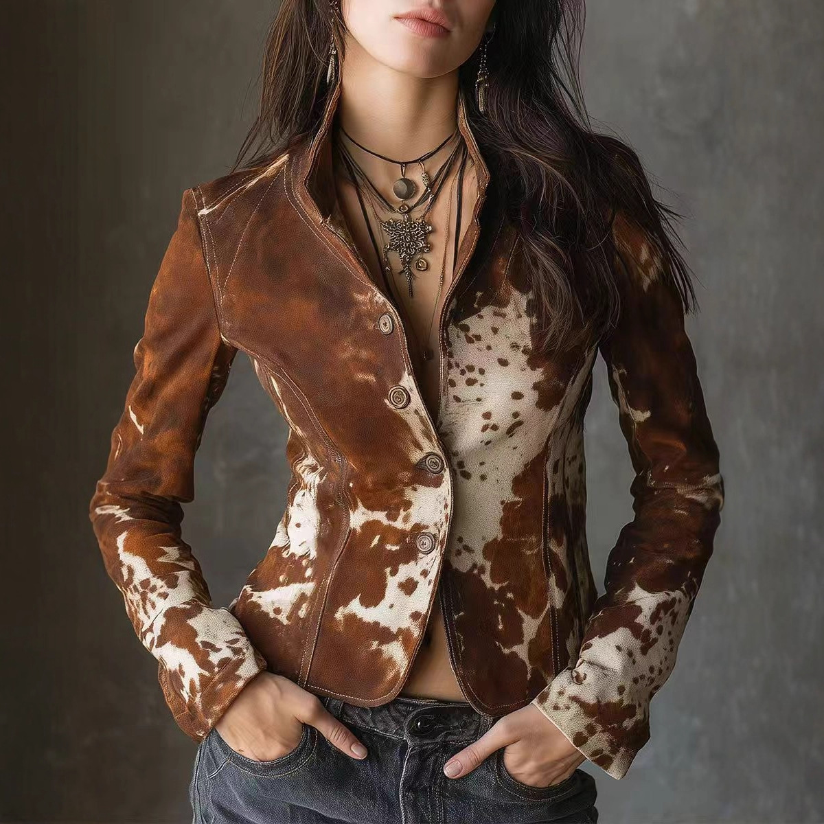 Manteau polyester col revers long femme imprimé