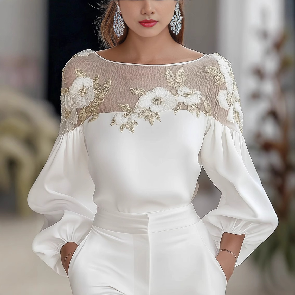 Chemise chiffon imprimé numérique col rond manches longues