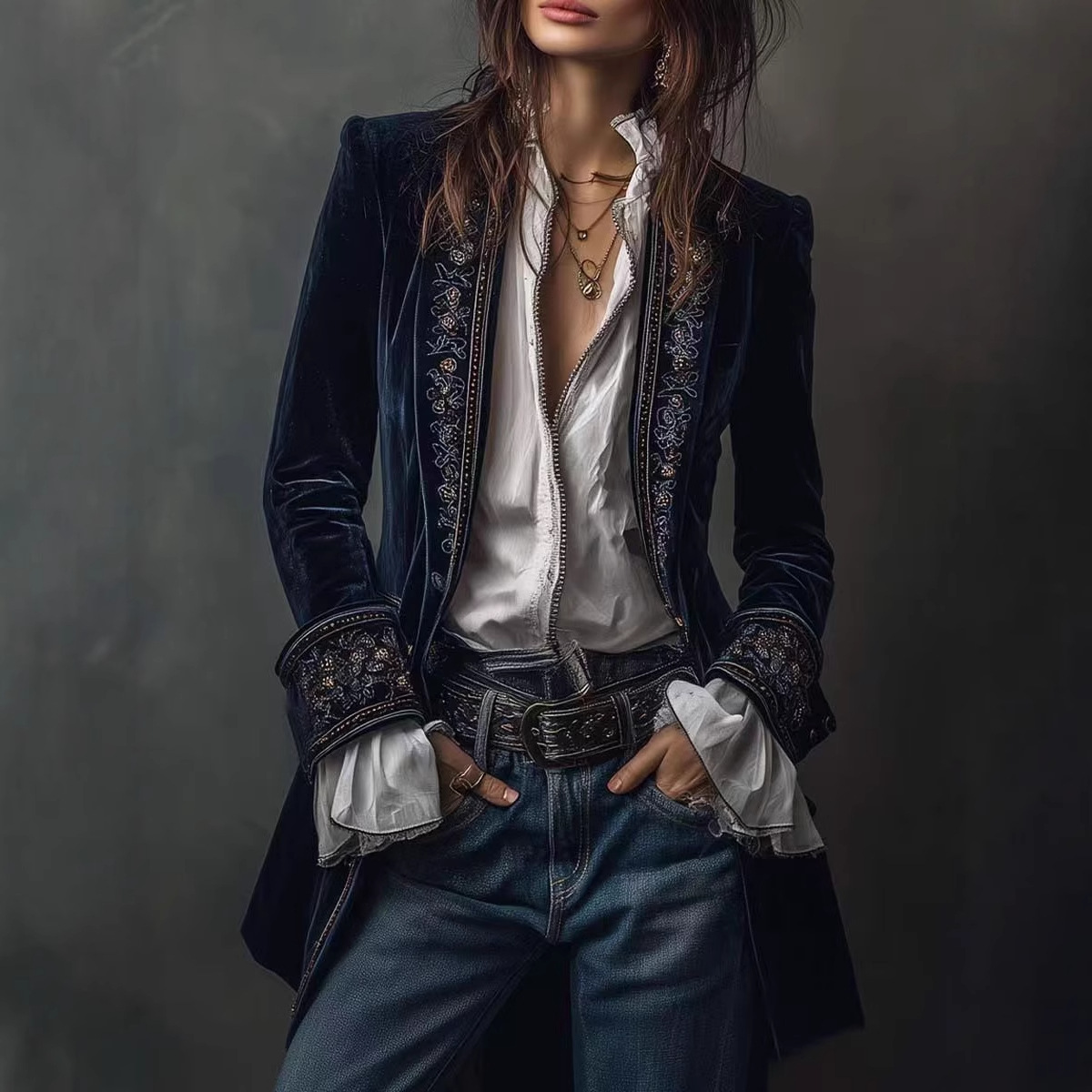 Manteau dentelle pluche couture couleur unie manches longues