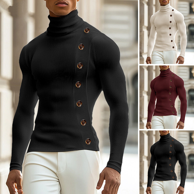 Chandail homme casual col roulé boutons manches longues