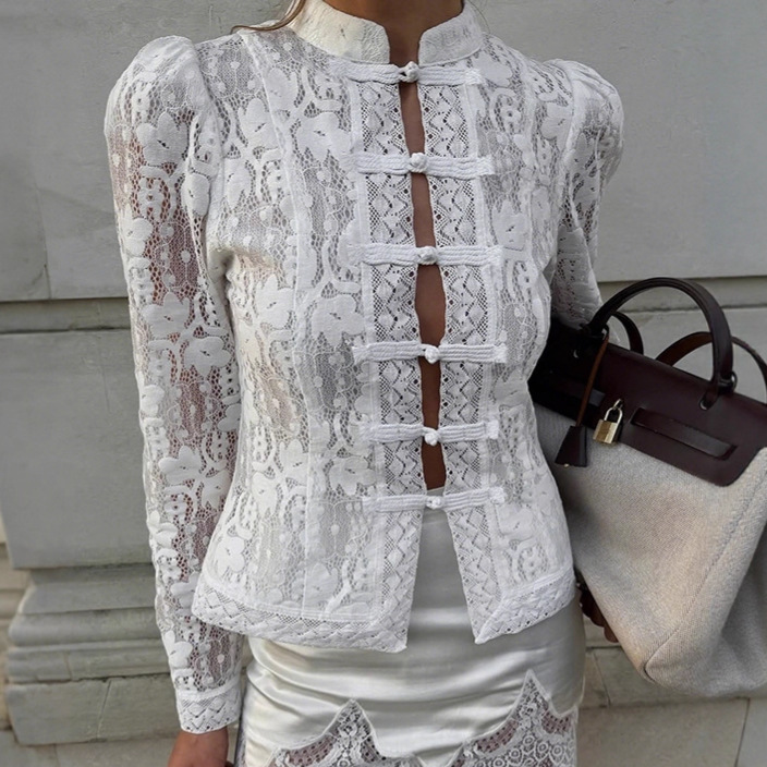 Chemise jacquard dentelle à boutons femme chic