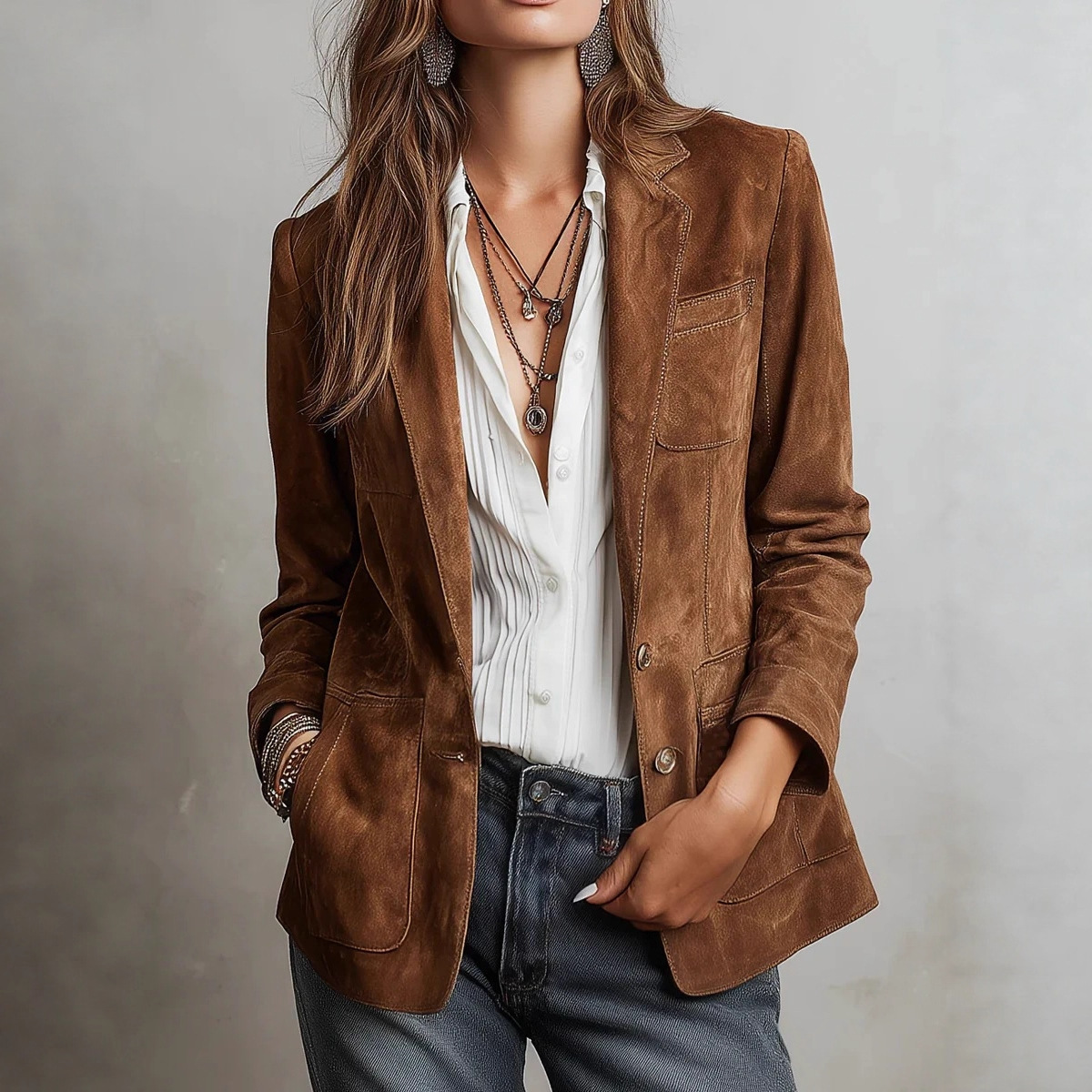 Veste femme suède monobouton rétro elegant