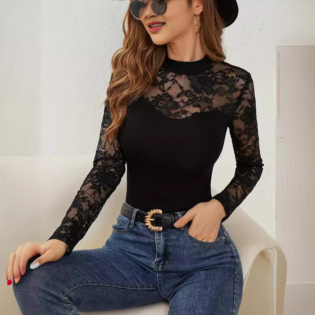 T-shirt base col montant dentelle manches