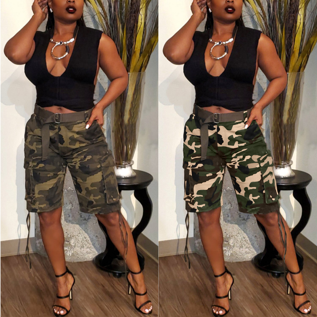 Pantalon cargo camouflage poches multiples cordon