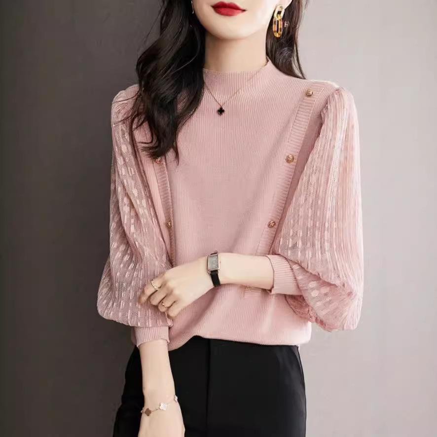 Chandail base col semi-haut femme manches lanterne courtes