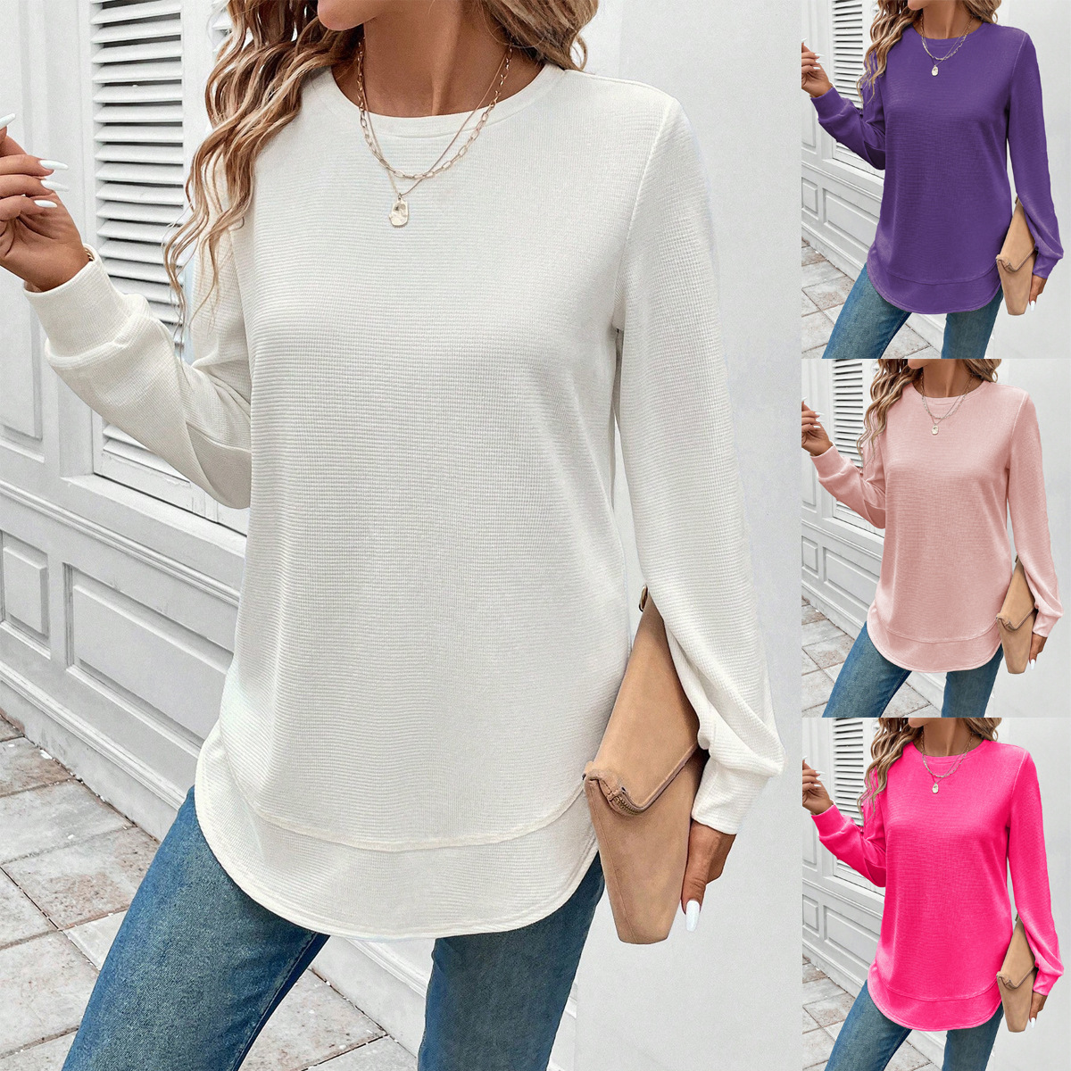 Chandail ample col rond style femme couleur unie