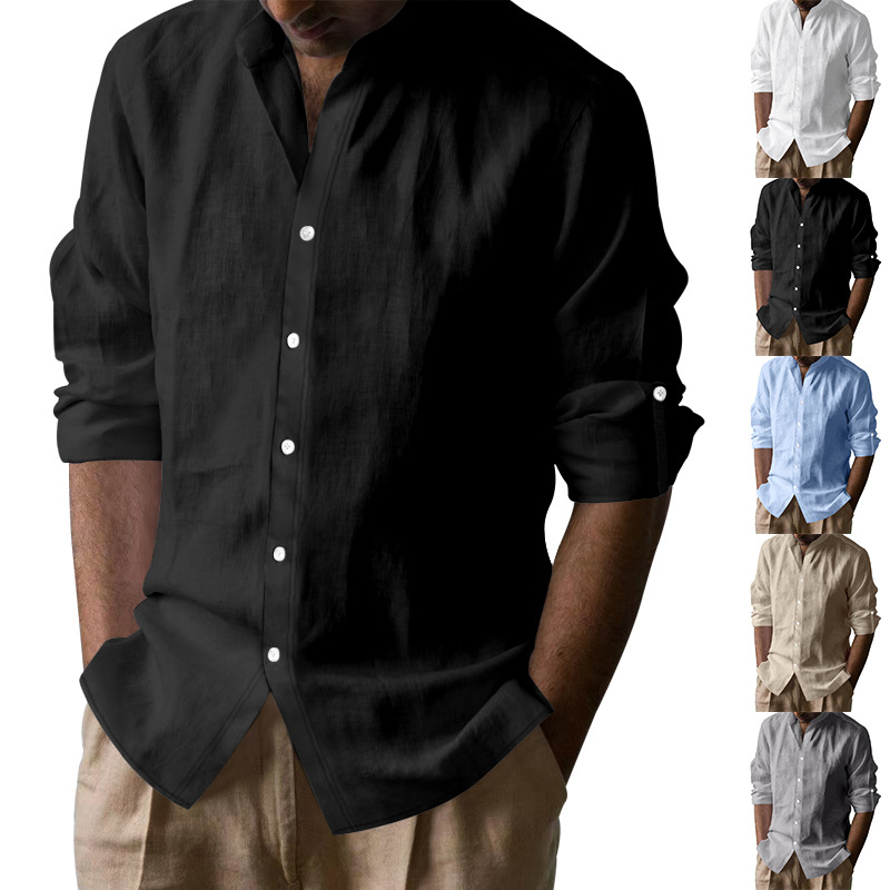 Chemise lin-coton col debout manches longues homme