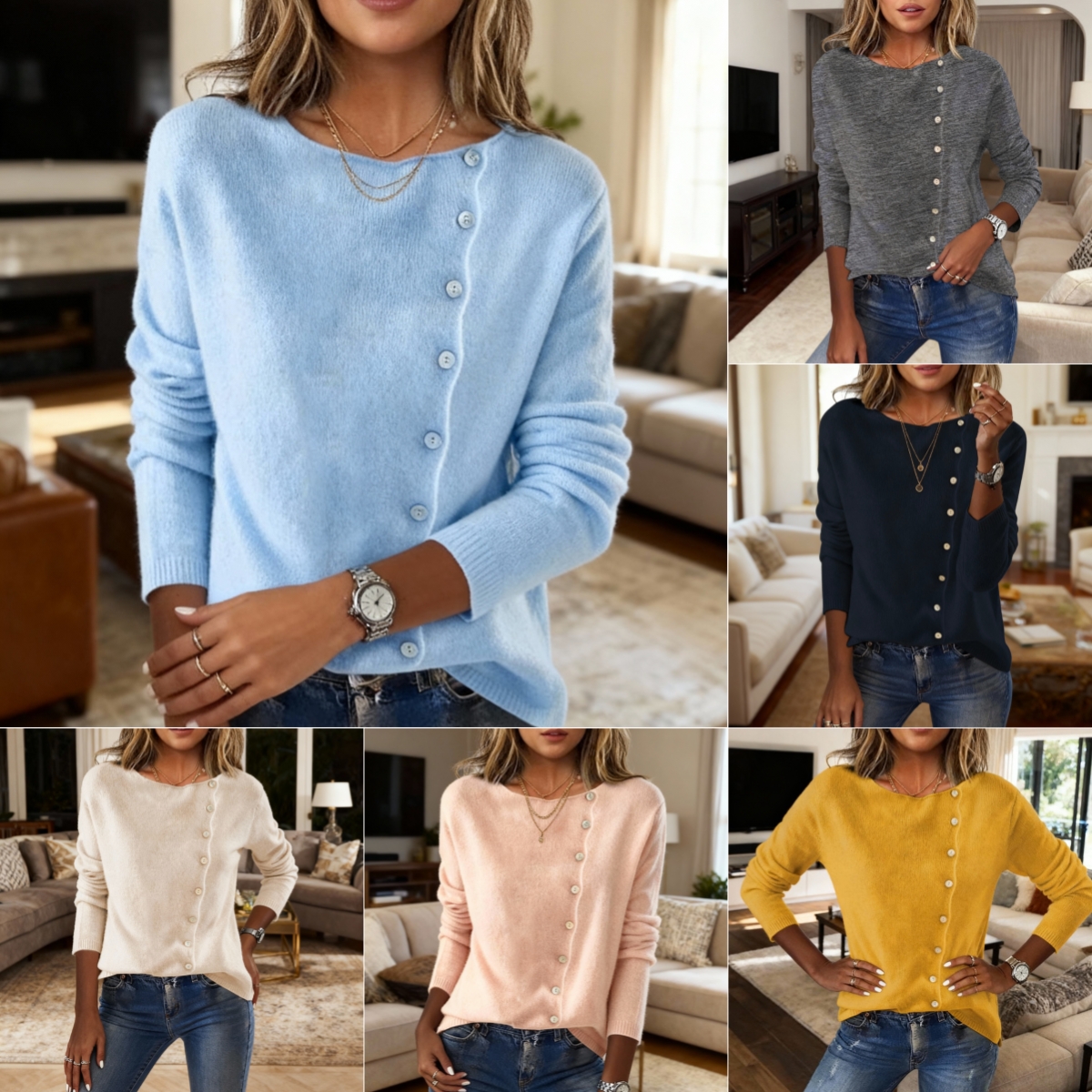Chandail boutonné col rond femme automne printemps