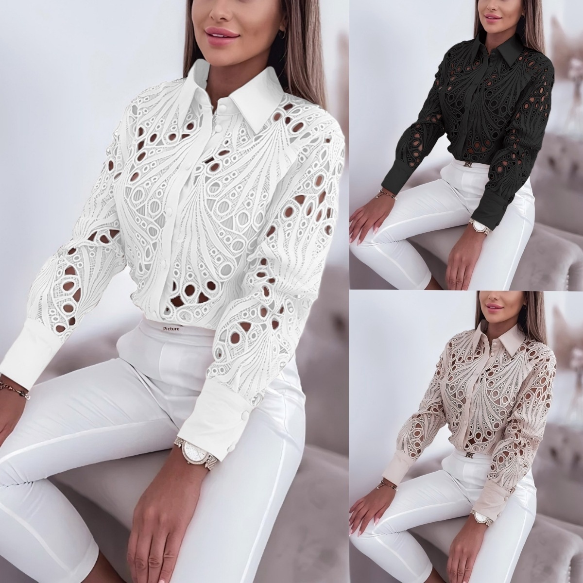 Chemise creuse en dentelle à manches longues pour femme