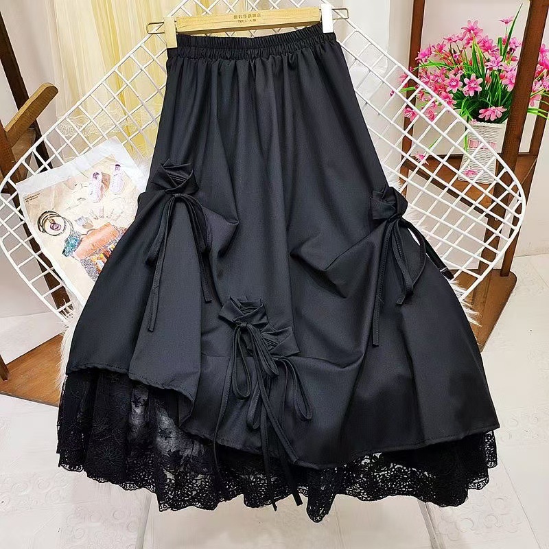Jupe midi A-line dentelle taille haute nœud