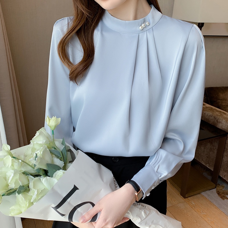 Chemise satin femme manches longues perlée ample