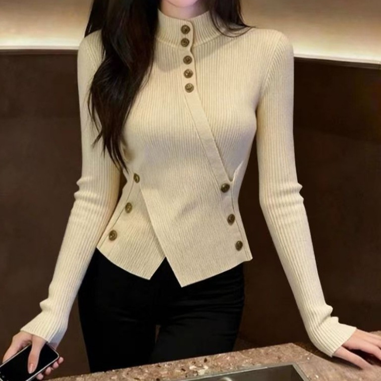 Chandail tricot col semi-haut abricot femme