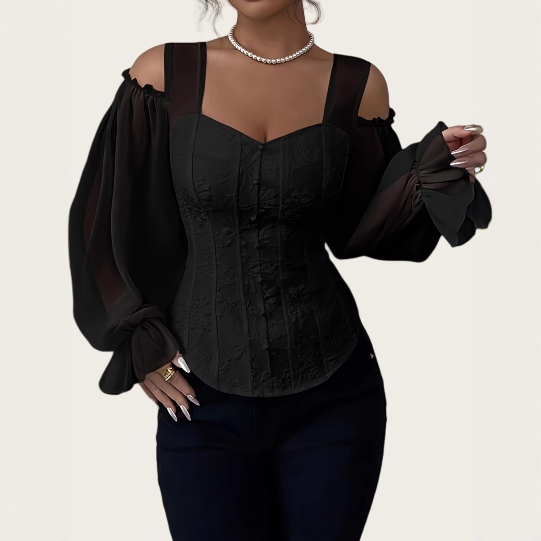 Blouse Jacquard floral épaules dégagées femme