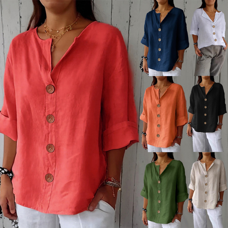 T-shirt coton-lin col V décontracté femme boutonné