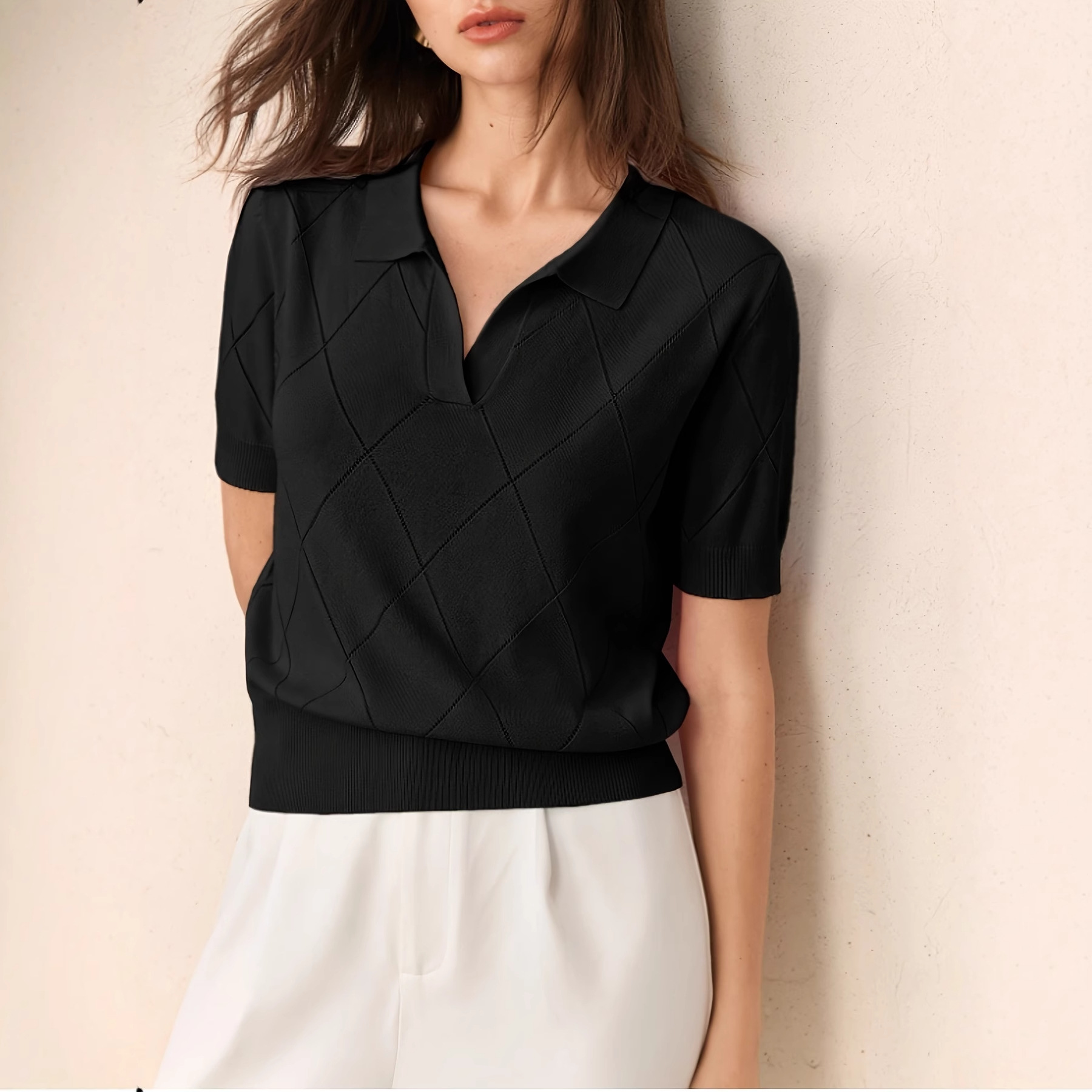 Chandail col roulé tricot diamant femme manches courtes