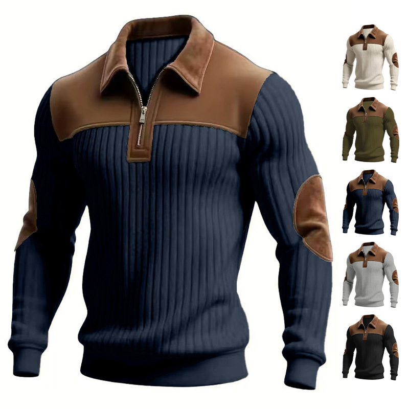 Hoodie tricot col cranté patchwork avec fermeture éclair brodée