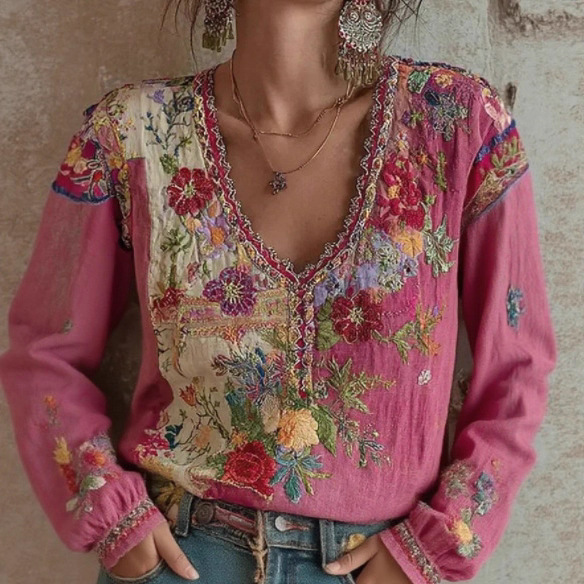 T-shirt blouse à col rond manches longues tissu mélangé style ethnique