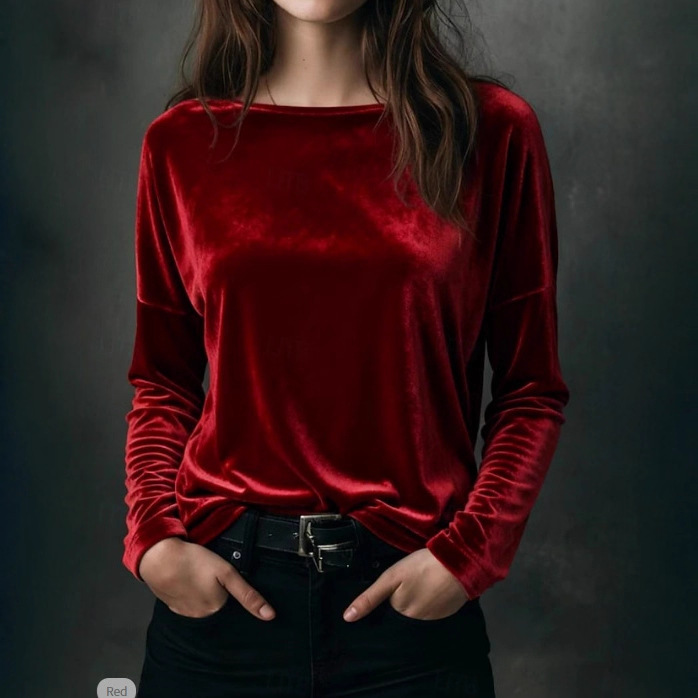 T-shirt velours femme col rond ample couleur unie