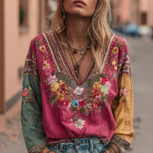 Haut bohème vintage col V manches longues style ethnique femme