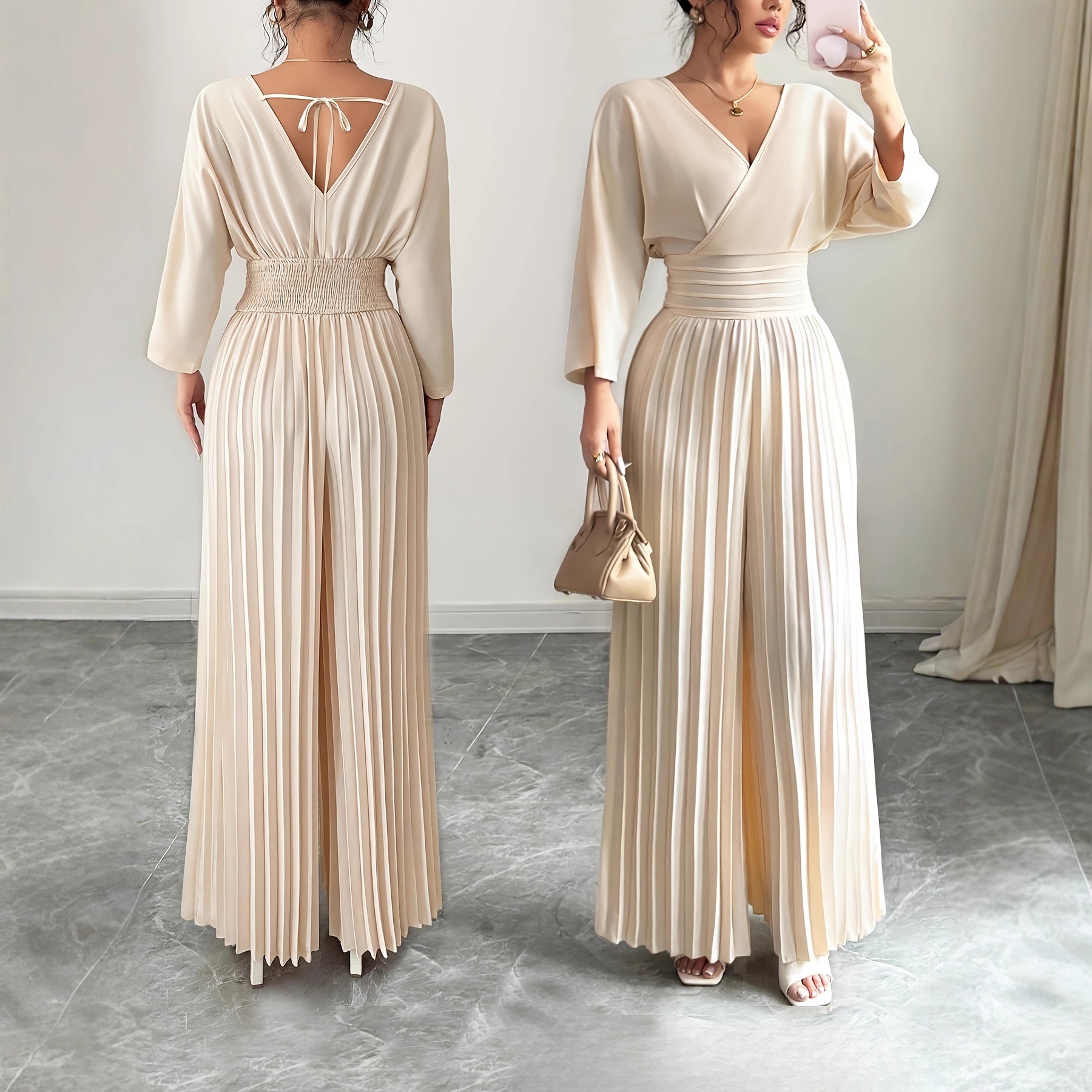 Combinaison plissée sexy taille haute col V