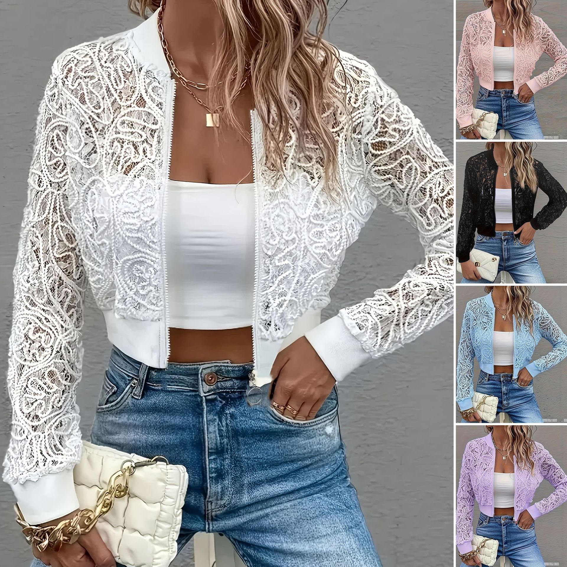 Veste dentelle courte à fermeture éclair femme