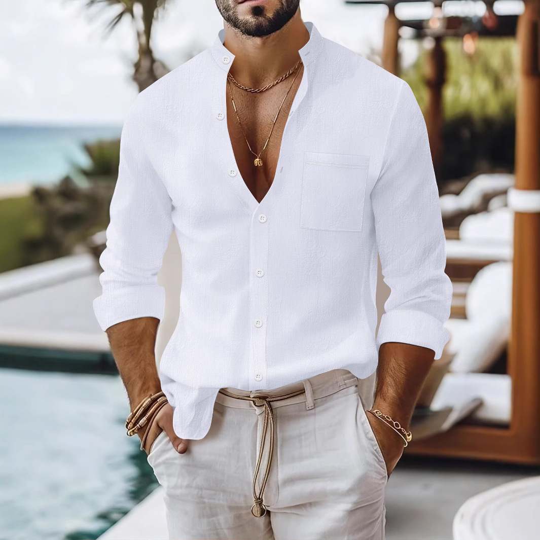 Chemise coton-lin col Mandarin, gilet, chemise business-casual
