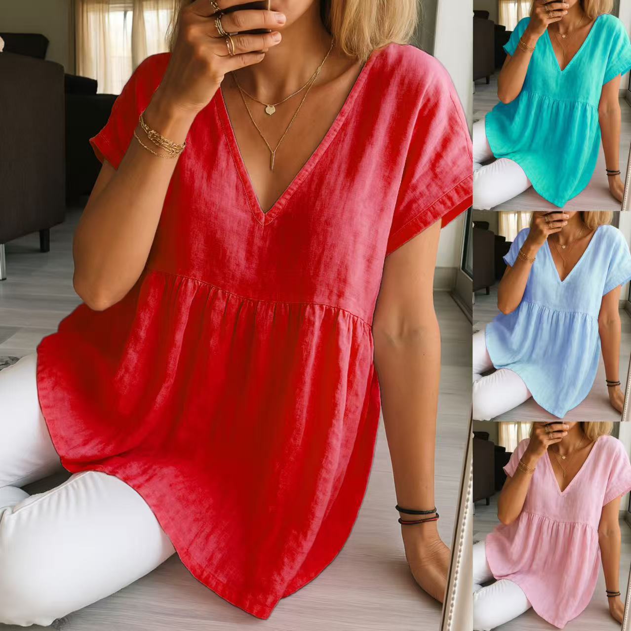 Chemise décontractée ample coton-lin à manches courtes pour femmes