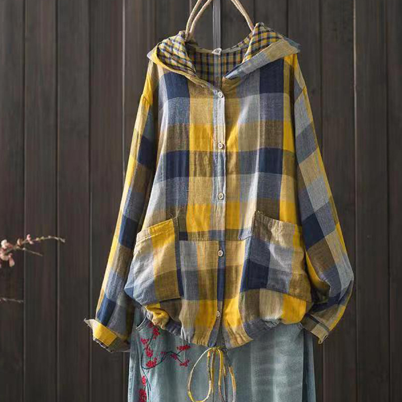 Chemise coton-lin carreautée hooded rétro