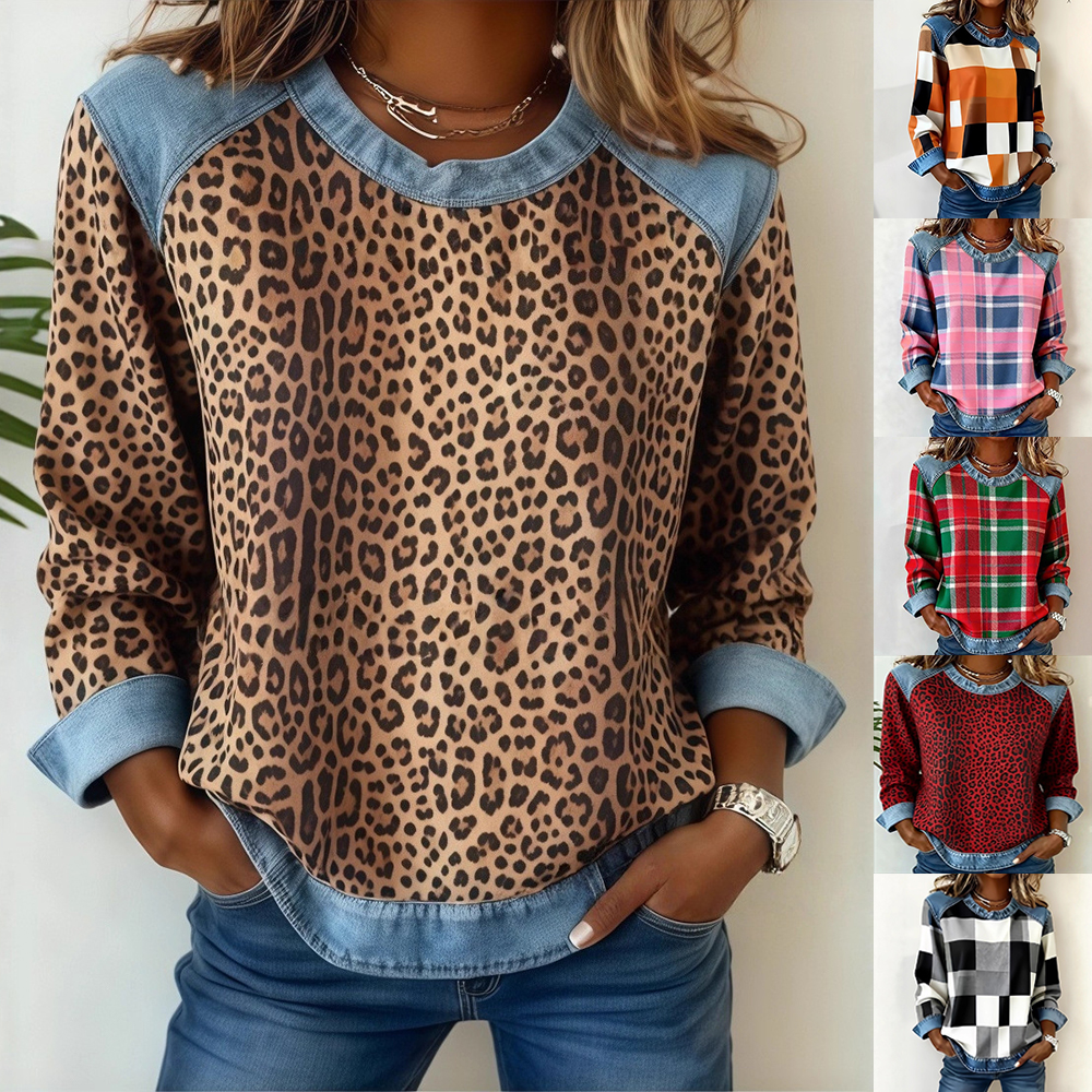 Chandail sweat patchwork denim col rond manches longues