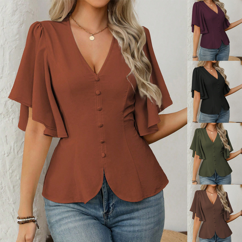 Haut femme col V couleur unie