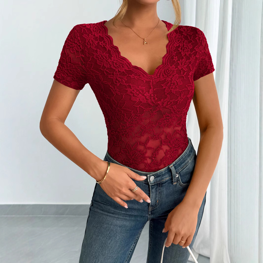 Haut dentelle col V femme base couleur unie manches courtes