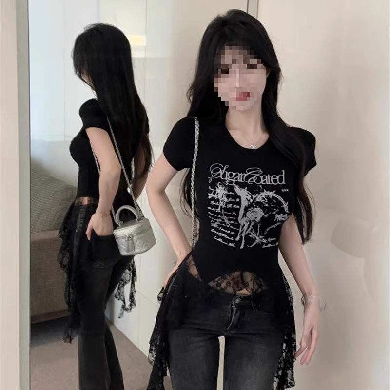T-shirt femme dentelle manches courtes américain