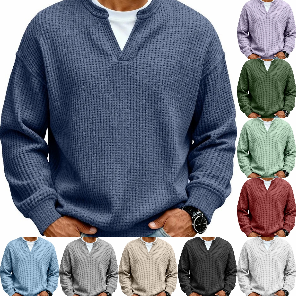 Chandail col V gaufré casual homme automne printemps
