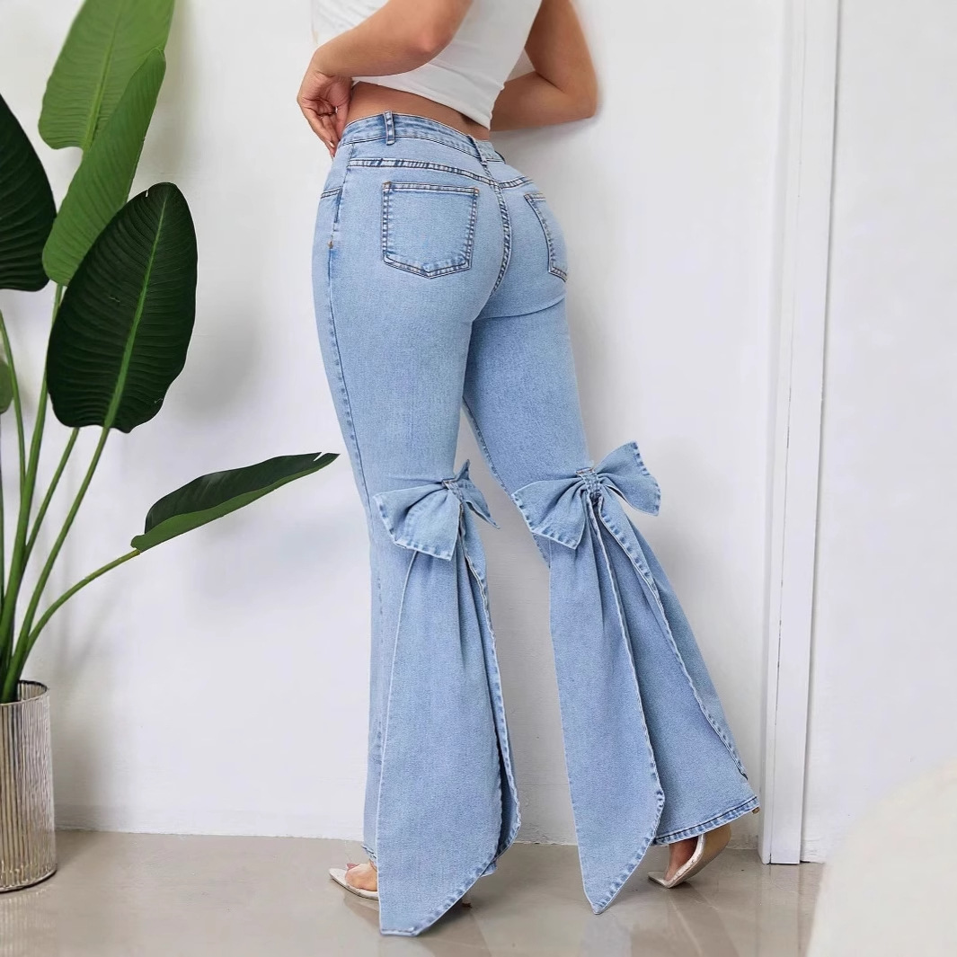 Jean évasé taille haute stretch nœud femme