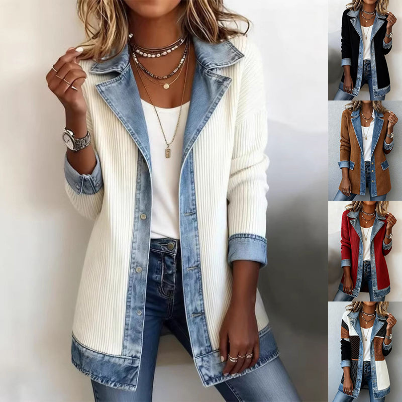 Veste patchwork denim boutonnée manches longues femme
