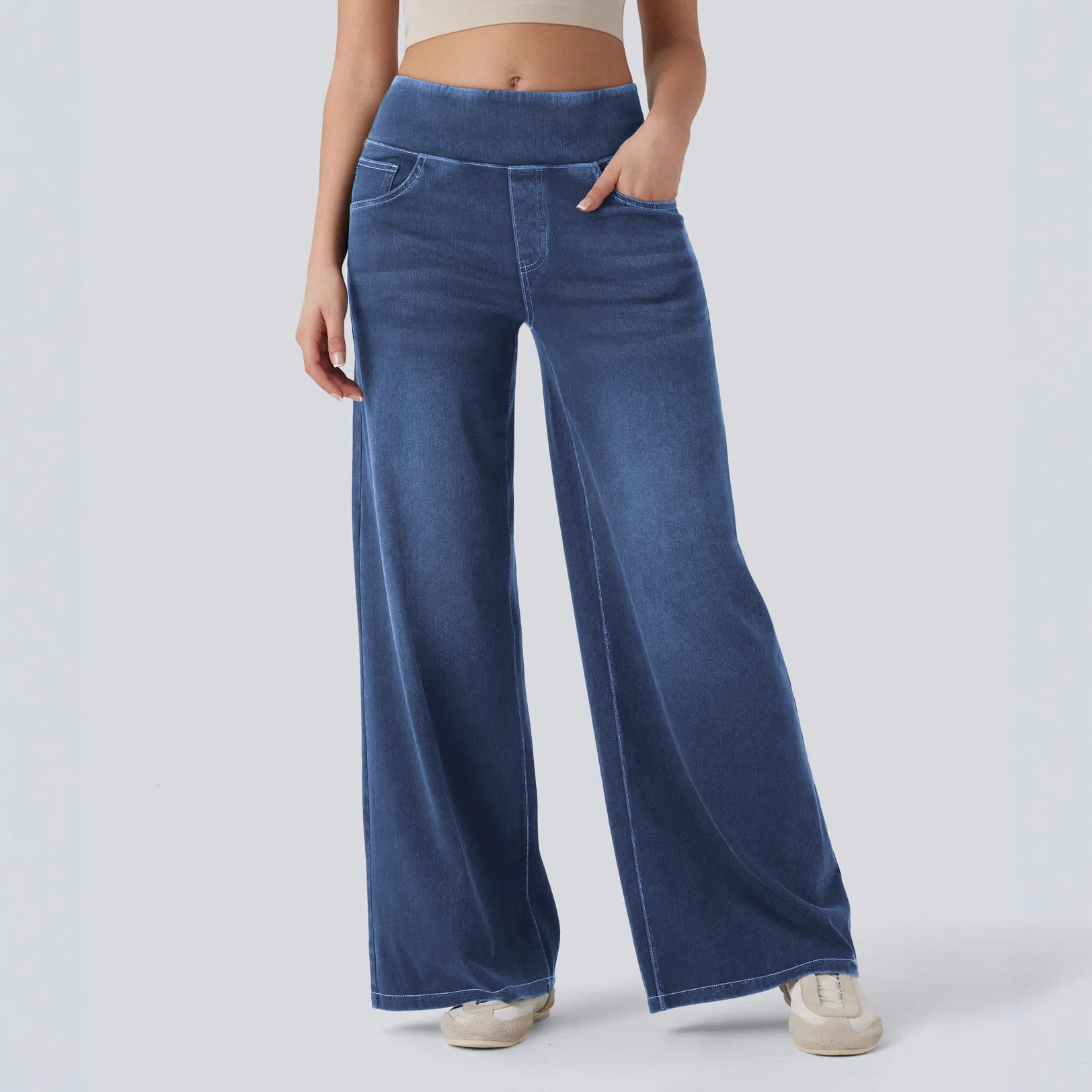 Jean femme jambe large taille haute stretch