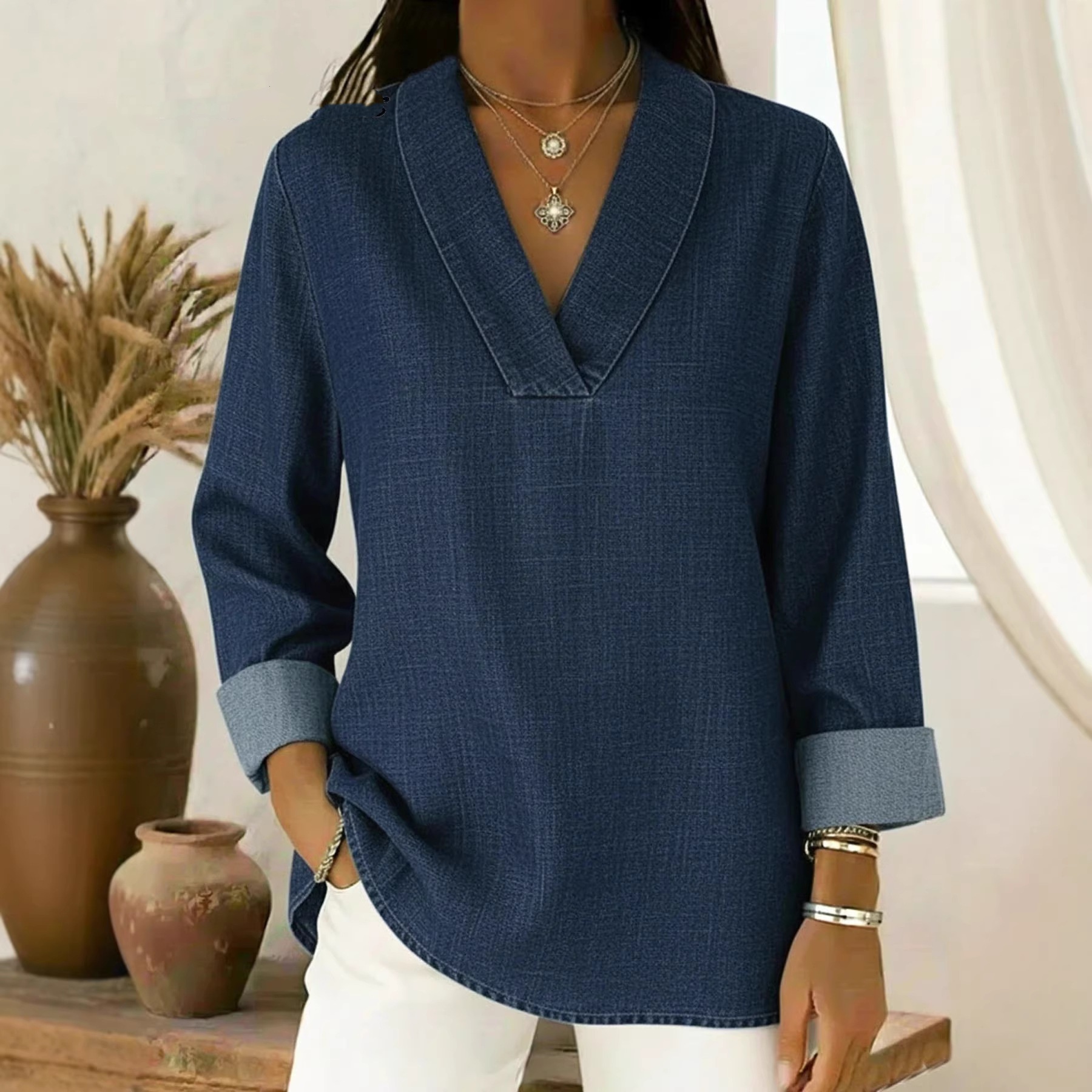 Chemise polo col vintage manches trois-quarts