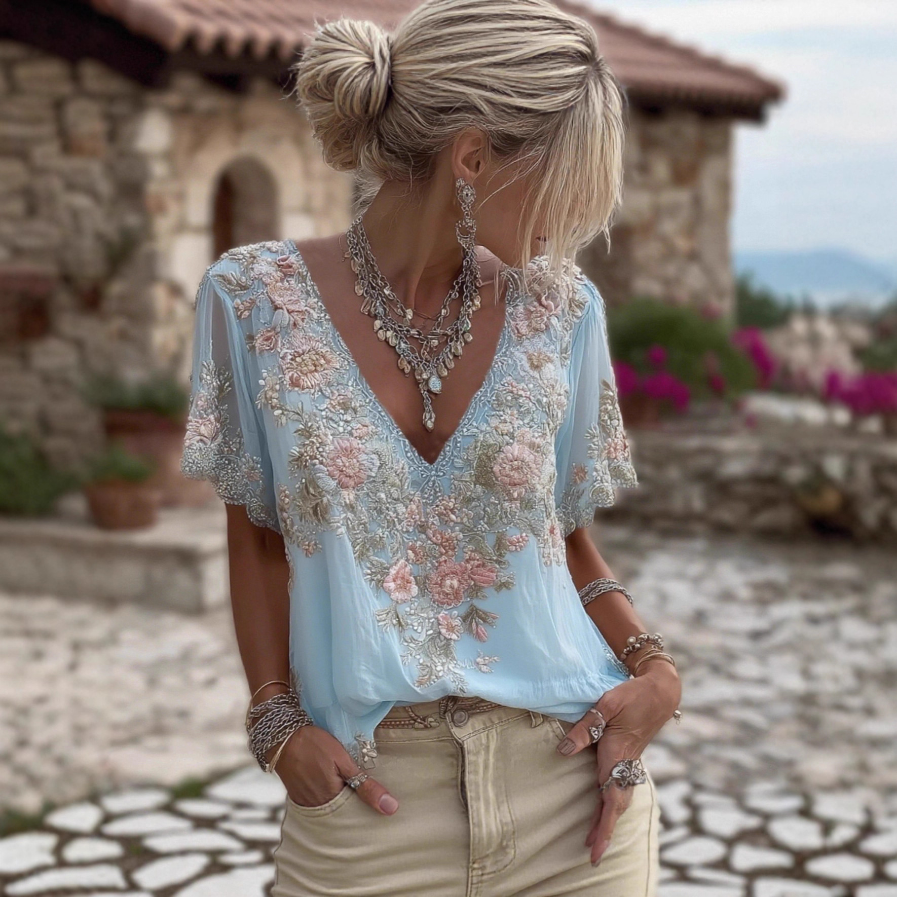 Haut femme col V impression 3D manches courtes