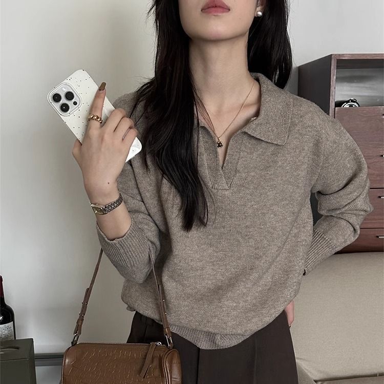 Chandail tricot rétro manches longues casual femme