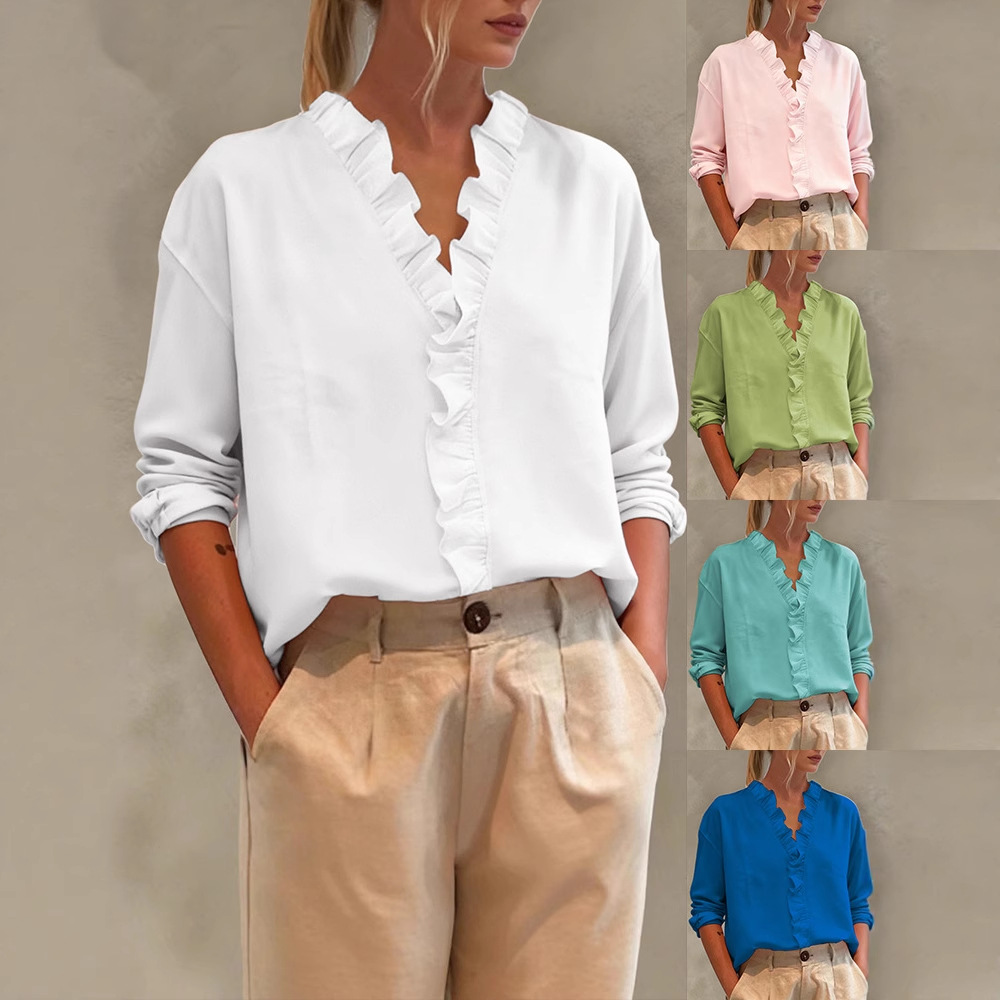 Chemisier femme casual col V manches longues dentelle