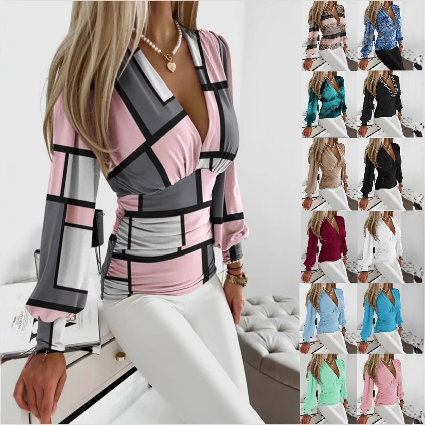 Haut femme automne col V imprimé manches longues